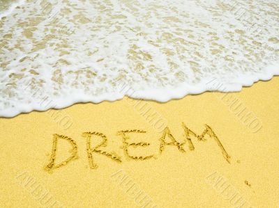 dream word written in the sandy beach