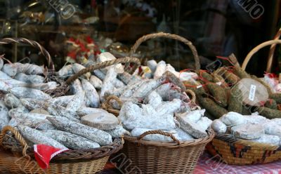 Artisan sausages in market