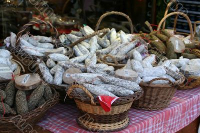 Artisan sausages in market