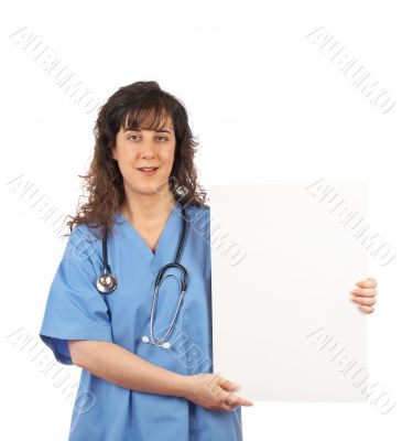 Female doctor holding the blank placard