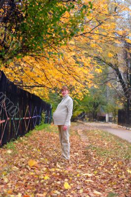 Pregnant woman walk in autumn park #1