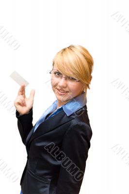 Businesswoman half turn and show business card Businesswoman half turn and show business card