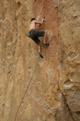 Bare back climber clinging to rock face