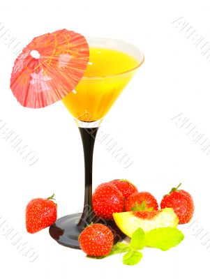 cocktail and strawberry and slice of peach
