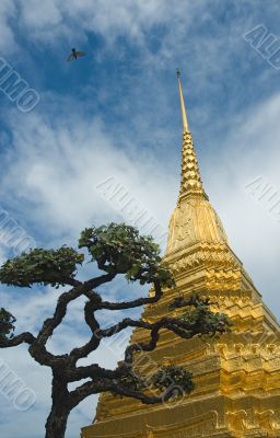 Golden stupa and a tree over blue sky background