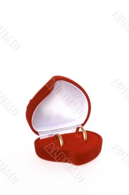 Wedding rings in red heart shaped velvet box