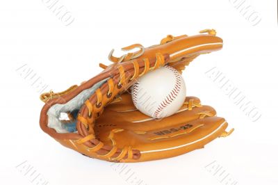 Baseball catcher mitt with ball isolated on white background
