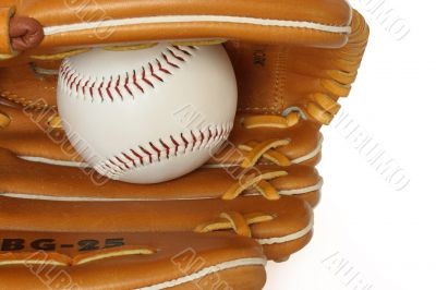 Baseball catcher mitt with ball isolated on white