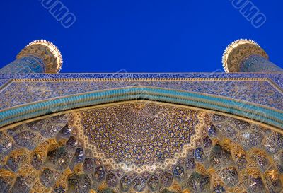 Architectural details of Imam Mosque at night, Isfahan, Iran