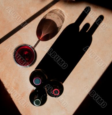 Wine Bottles and Wine Glass with Dramatic Shadow
