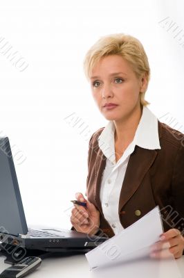 business woman works with the document, isolated on white