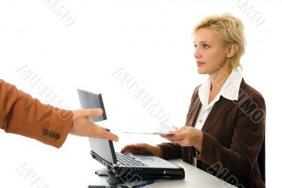 business woman works with the document, isolated on white