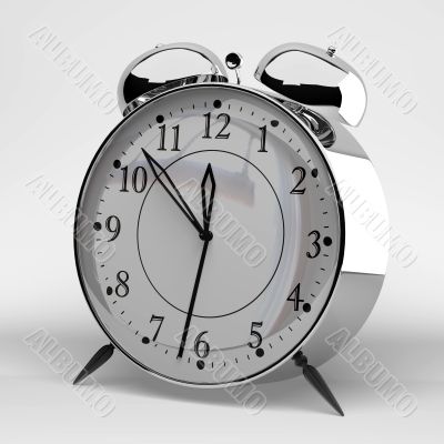 Metallic alarm clock on grey background