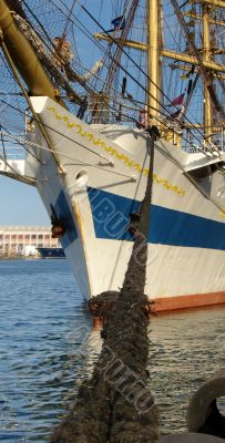 Sailing frigate in port of Barcelona