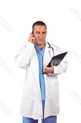 Male doctor talk with cellphone