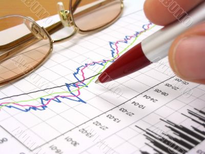 Business chart, glasses and pen Business chart, glasses and pen