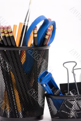 Desktop baskets with pencils and clips Desktop baskets with pencils and clips