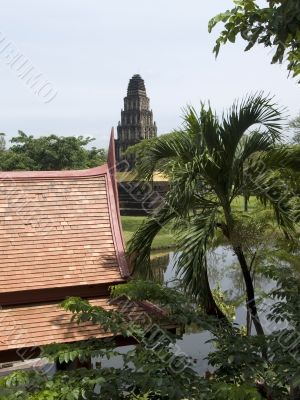 Garden in Thailand with classic buildings