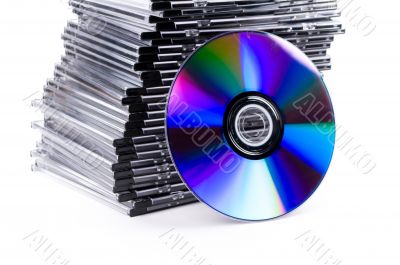 Stack of CD-boxes with a blue cd in front