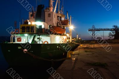 Ship at harbor at dusk