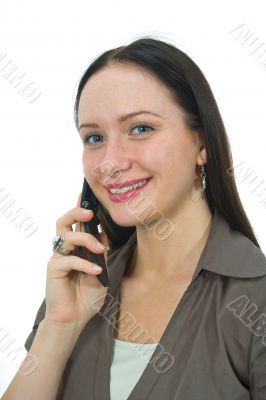 Business woman rings on mobile phone on white background