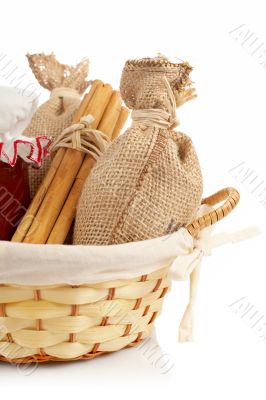 Burlap sac, jam jar, cinnamon and