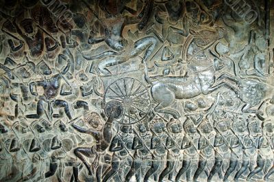 Sculpted wall at corridor of Angkor Wat, Cambodia