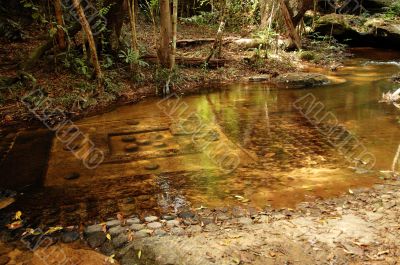 Sculpted stone under water at Kbal Speana