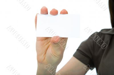 Hand keeps business card on white background