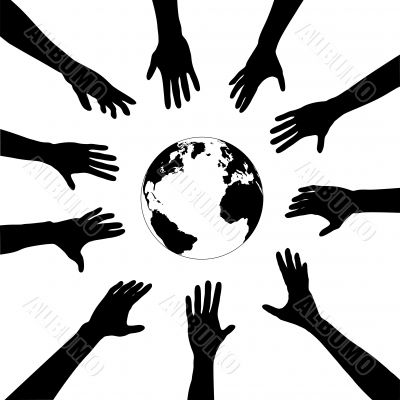 People hands reach for globe earth