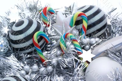 Candy canes and striped balls.