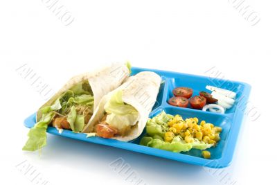 blue plate with Mexican food