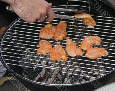 Pieces of chicken on a grill
