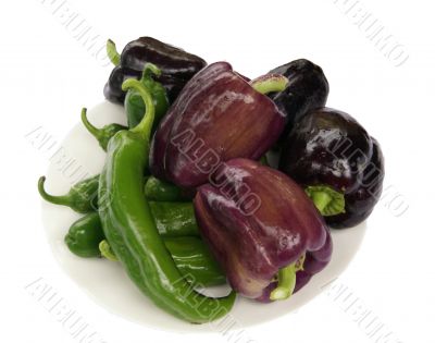 Peppers &amp; eggplant on a plate,