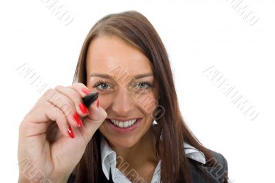 Woman writes on glass