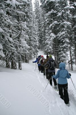 Light blue parka, snowshoe hikers Light blue parka, snowshoe hikers