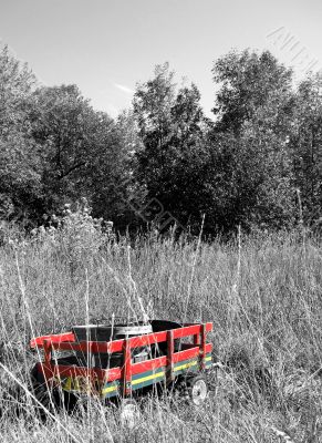 Forgotten Red Wagon on Black and White