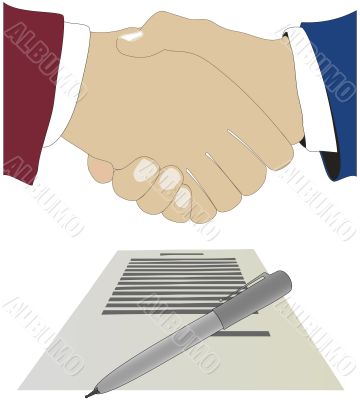 Hand shake above the document. The vector image.