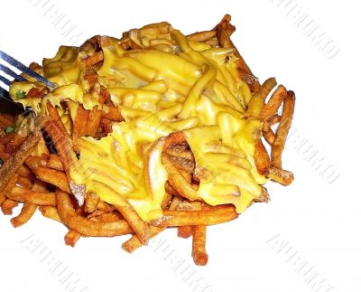Fork Diving Into Cheddar Cheese Fries