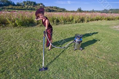 windy field woman cleaner