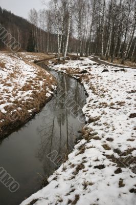 Snowy Road through Birch Grove with River in Winter