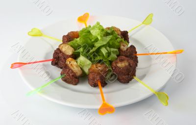 Fried beef with pineapple and salad. Fried beef with pineapple and salad.
