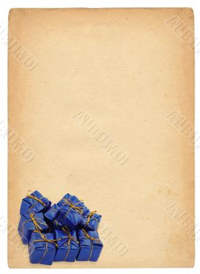 group of blue gifts against retro background
