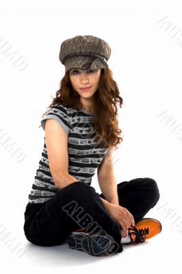 The red-haired model posing in studio