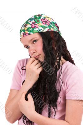 Shy ten year old girl wearing a bandana