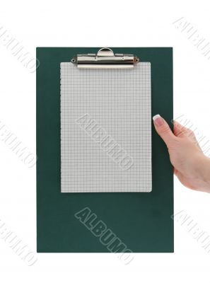 female hand holding a clipboard