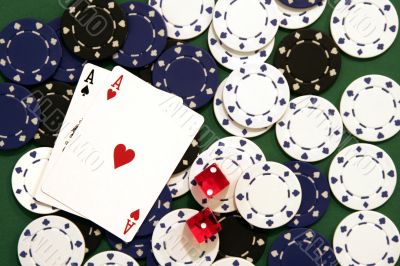 Casino Chips, Dice and Cards
