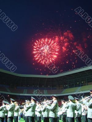 Night celebration fireworks upon dark sky