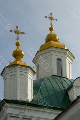 Christian temple with domes on a background of sky