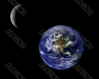 Blue Planet Earth And Crescent Moon